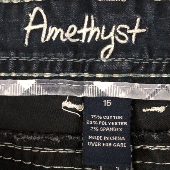 Amethyst Regina Jeans Womens 10 Skinny Dark-Wash 40x31 Whiskered Embroidered - Picture 9 of 11